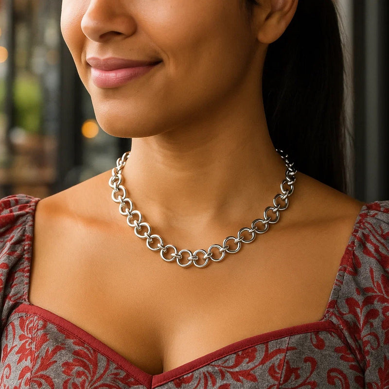 Sterling Silver Rhodium Plated Round Link Necklace