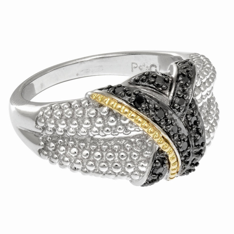18k Yellow Gold & Sterling Silver Entwined Popcorn Ring with Black Diamonds