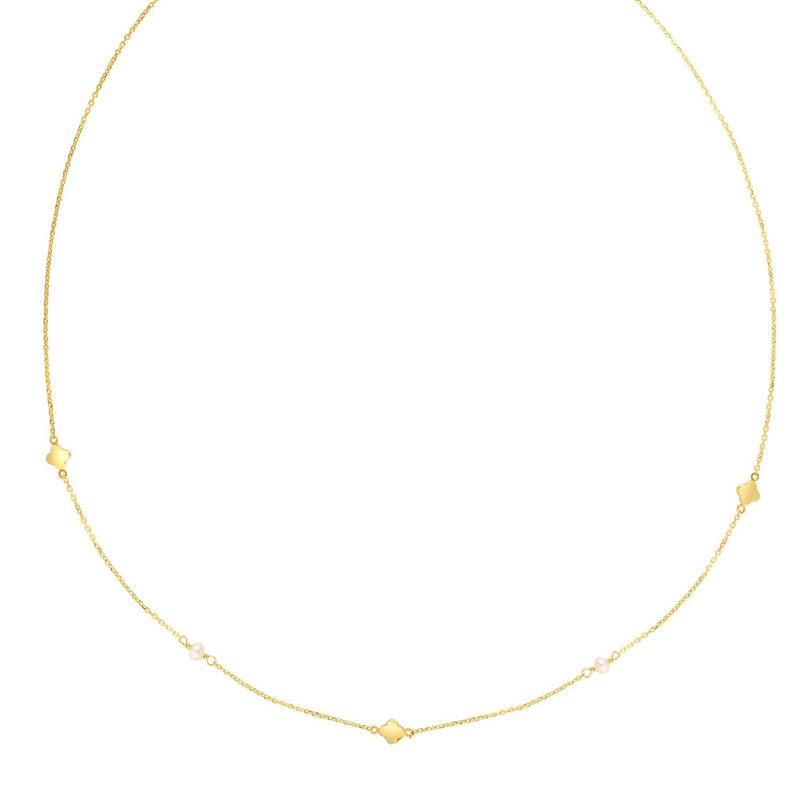 14k Yellow Gold Pearl Clover Necklace