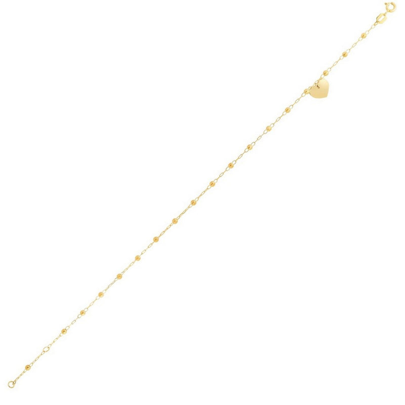 14K Yellow Gold Dangle Heart and Bead Station Anklet