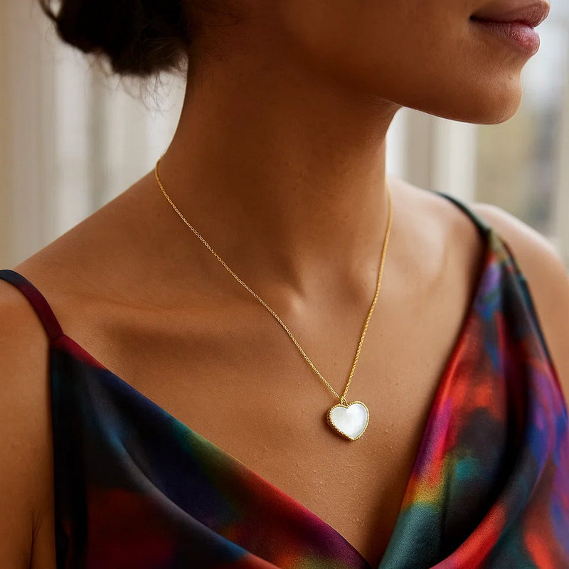 14k Yellow Gold High Polish Heart Pearl Paste Necklace