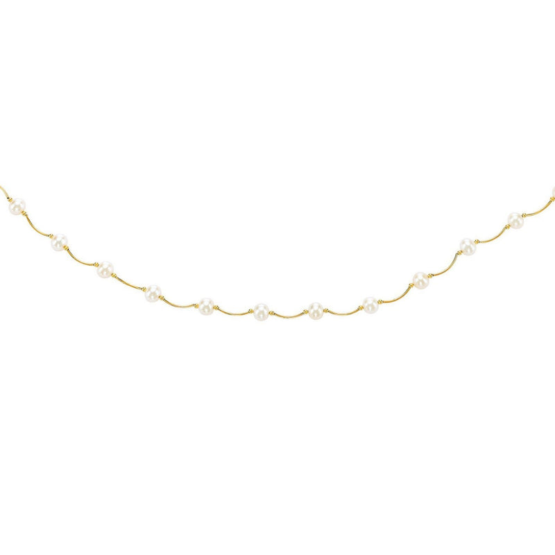 14k Yellow Gold Arc Link Necklace with White Pearls