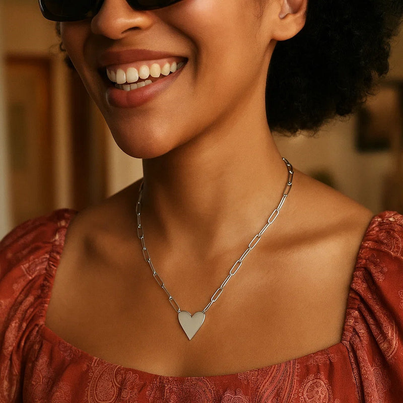 Sterling Silver Rhodium Plated Heart Paperclip Link Necklace