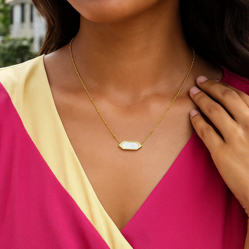 14K Yellow Gold Hexagon Mother Of Pearl Pendant Necklace