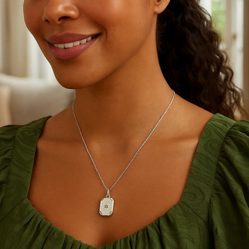 Sterling Silver Rhodium Plated Cubic Zirconia Octagonal Star Locket Necklace