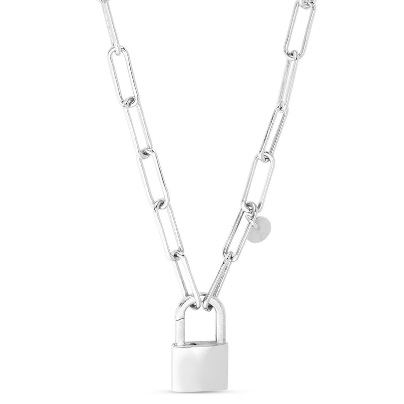 Sterling Silver Rhodium Plated Lock Paperclip Link Necklace