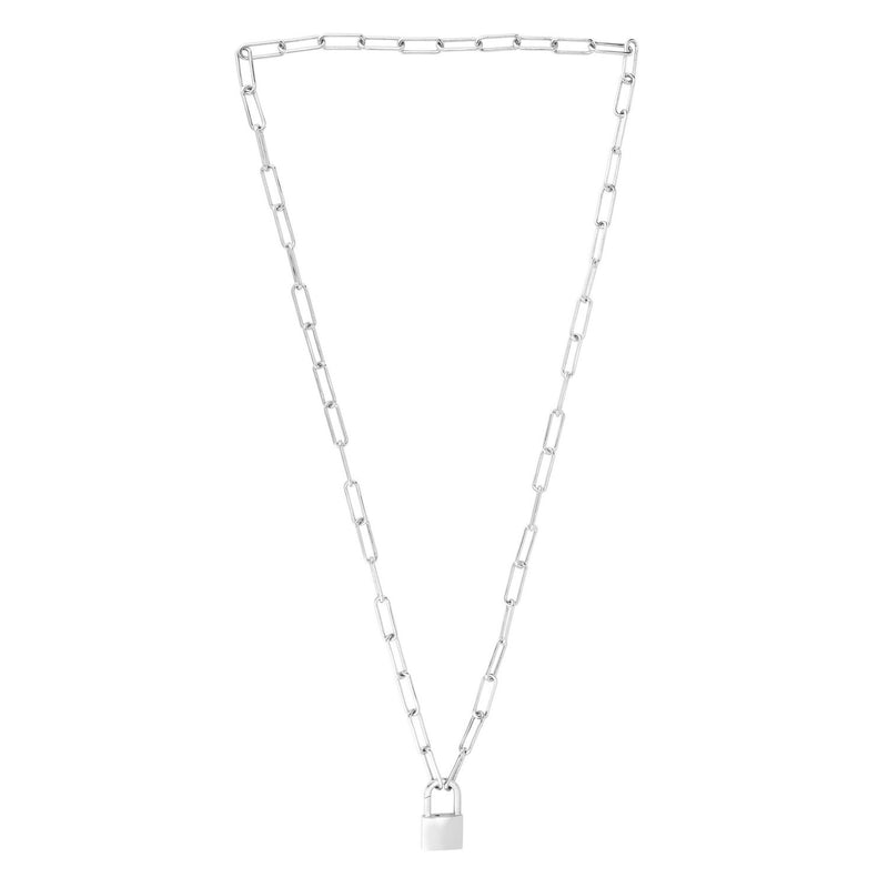 Sterling Silver Rhodium Plated Lock Paperclip Link Necklace
