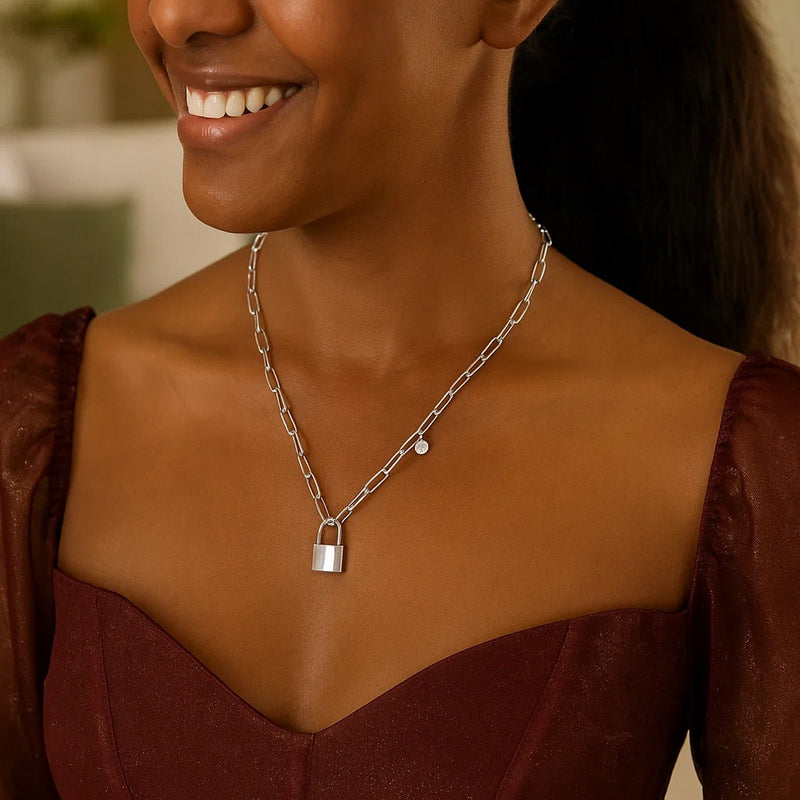 Sterling Silver Rhodium Plated Lock Paperclip Link Necklace