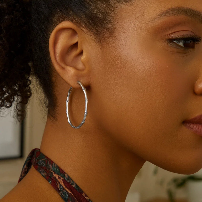 Sterling Silver Rhodium Plated Bamboo Hoop Earrings
