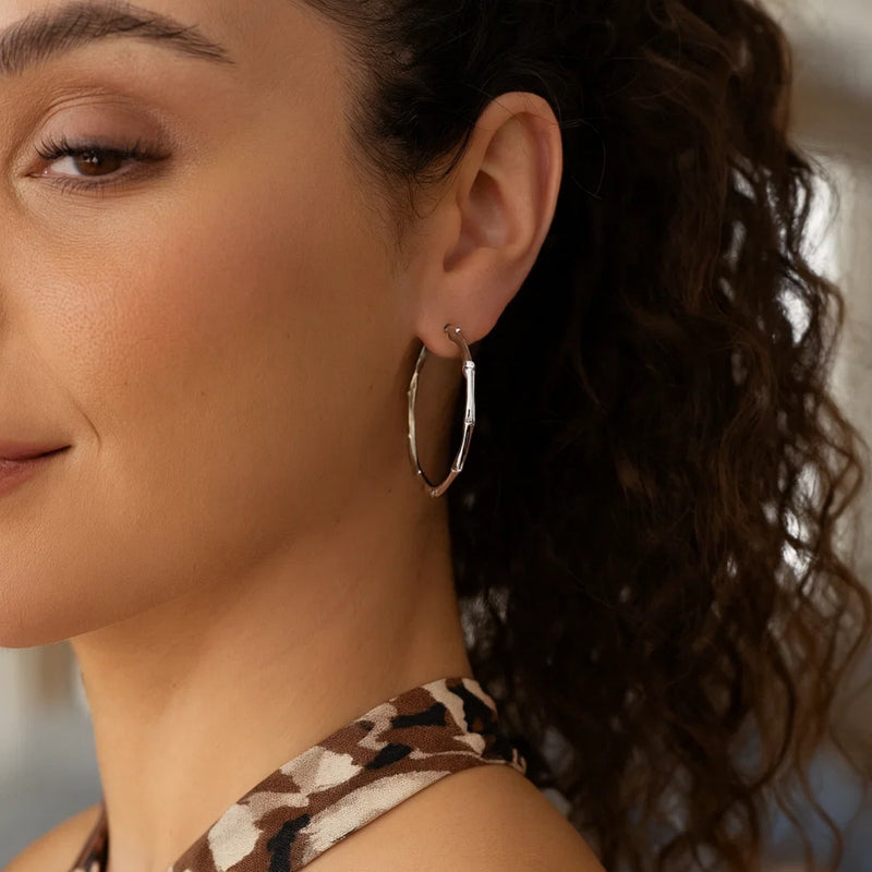 Sterling Silver Rhodium Plated Bamboo Hoop Earrings