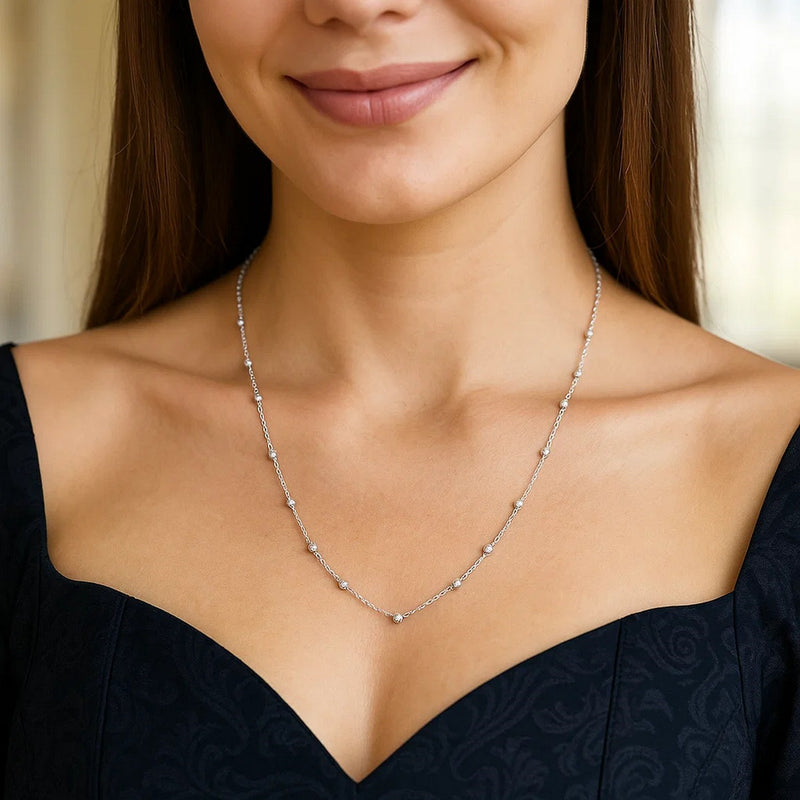 14K White Gold Saturn Bead Chain Necklace