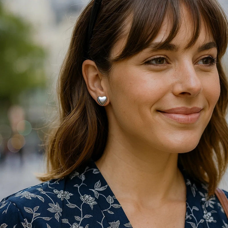 Sterling Silver Rhodium Plated Puffed Small Heart Stud Earrings