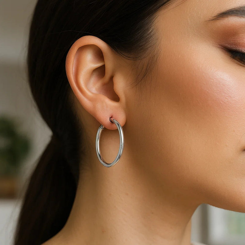 Sterling Silver Hoop Style Earrings with Polished Rhodium Plating (3x30mm)