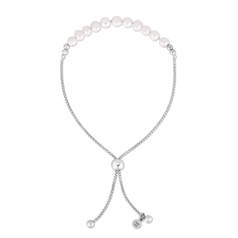 Sterling Silver Rhodium Plated Friendship Freshwater Pearl Drawstring Bracelet