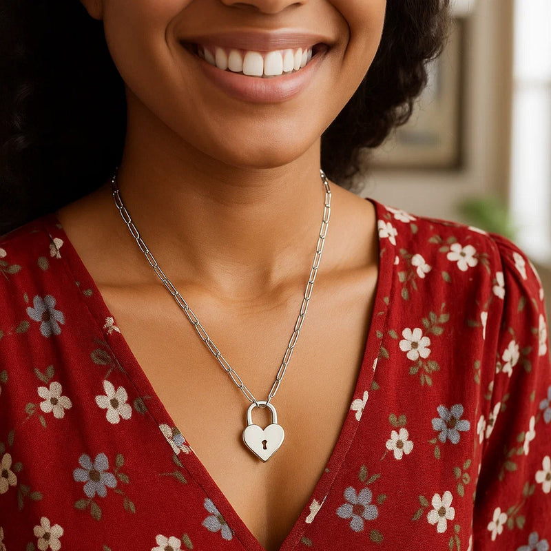 Sterling Silver Rhodium Plated Padlock Heart Necklace