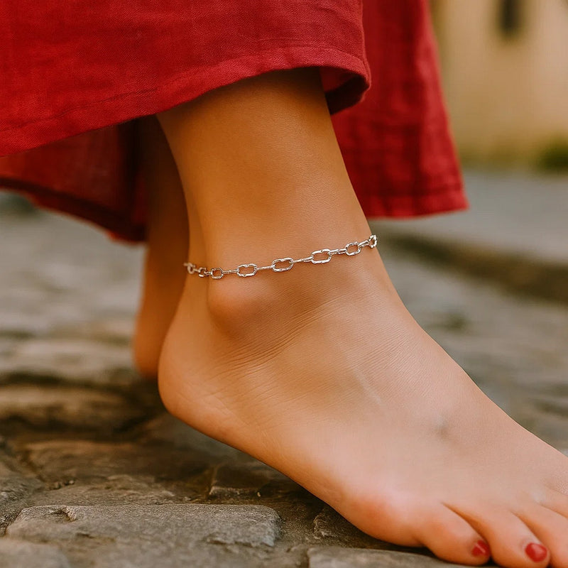 14k White Gold Anklet with Fancy Hammered Oval Links