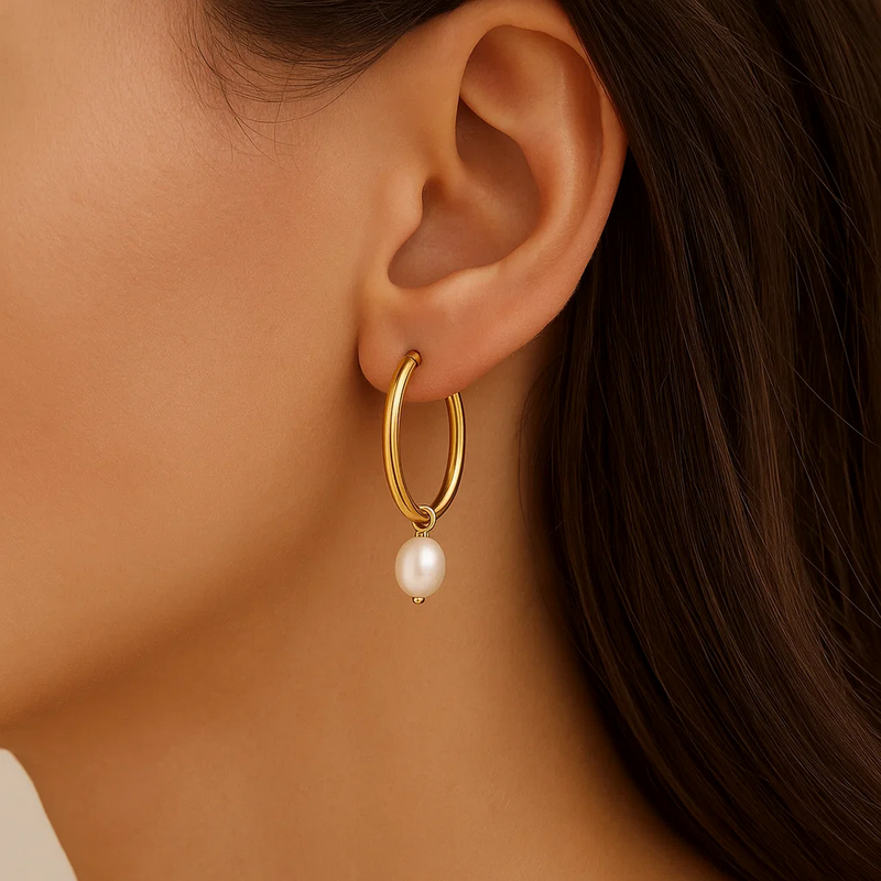 Pearl Drop Oval Earrings in 14K Yellow Gold