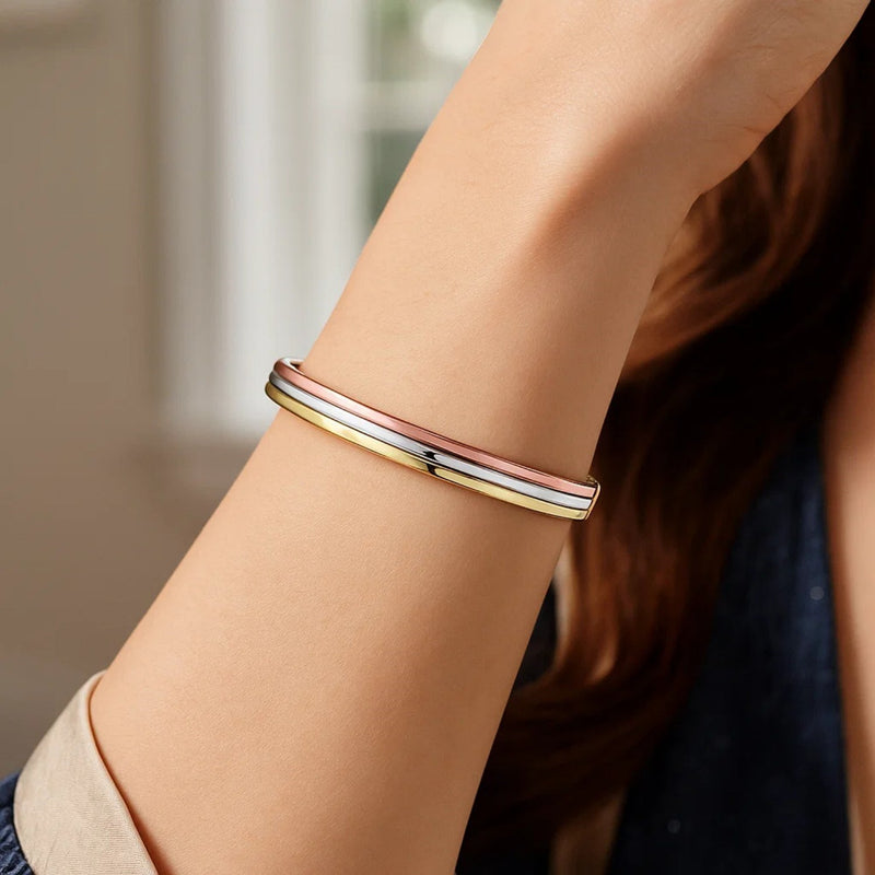 14K Tri Color Gold Layered Trinity Bangle (7.30 mm)