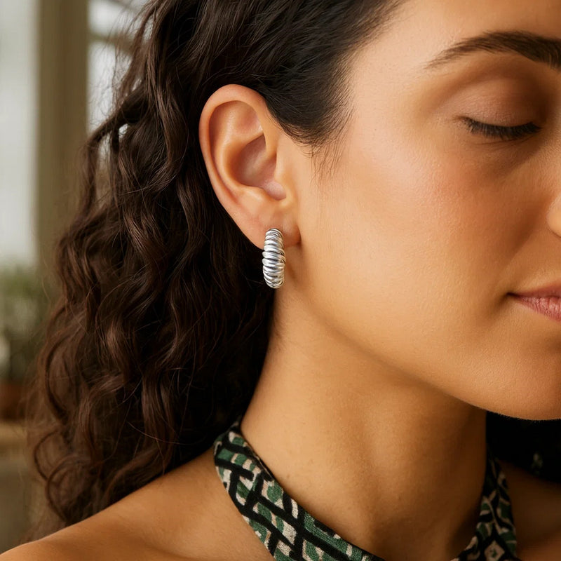 Sterling Silver Rhodium Plated Small Ribbed Twisted Hoop Earrings