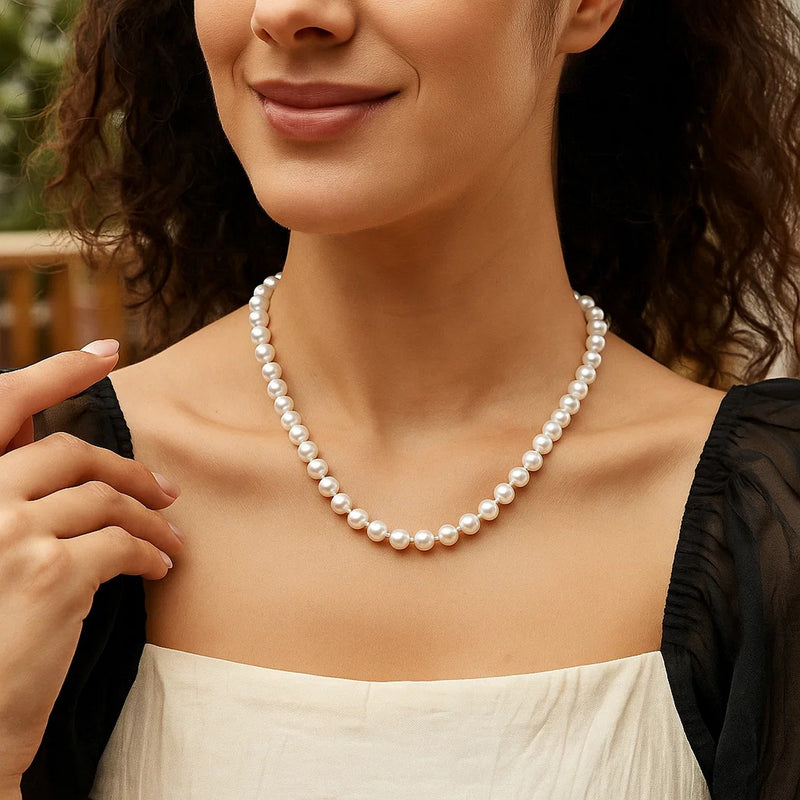 Pearl Necklace with Ball Clasp in 14K Yellow Gold