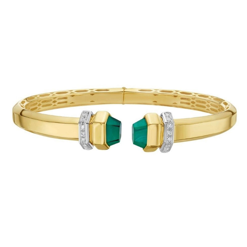14K Yellow Gold Green Pyramid Art Deco Cuff Bangle (10.70 mm)