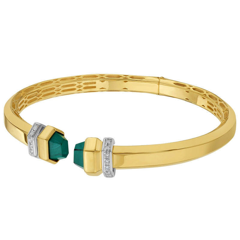 14K Yellow Gold Green Pyramid Art Deco Cuff Bangle (10.70 mm)