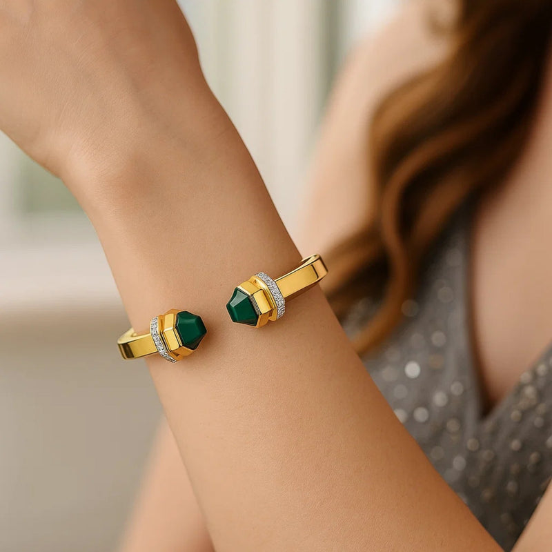 14K Yellow Gold Green Pyramid Art Deco Cuff Bangle (10.70 mm)