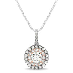 Round Shape Halo Diamond Pendant in 14k White and Rose Gold (1/2 cttw)