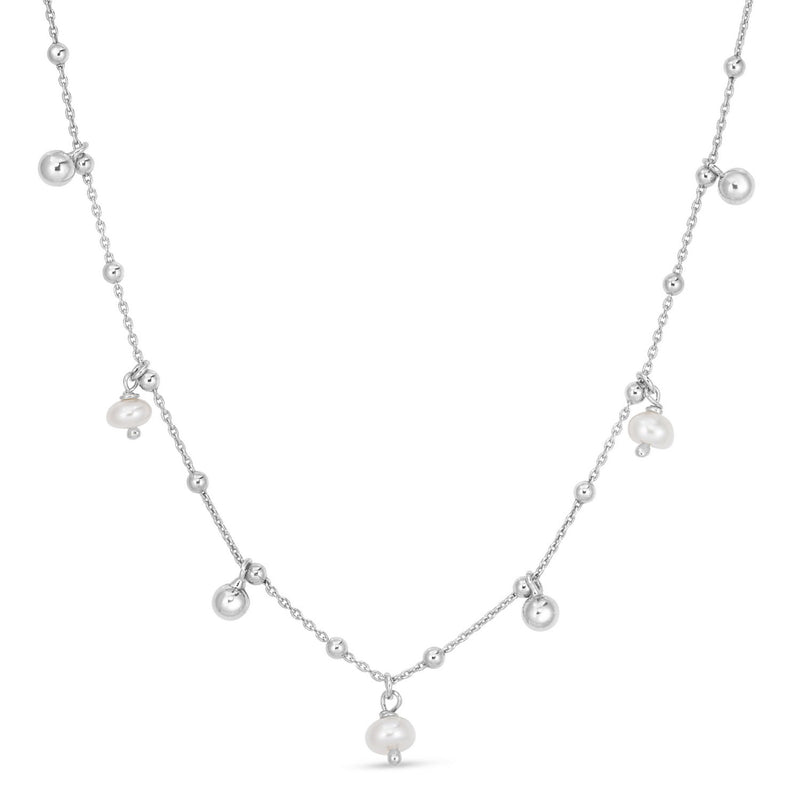 Sterling Silver Rhodium Plated Pearl Station Charm Necklace