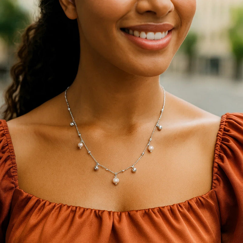 Sterling Silver Rhodium Plated Pearl Station Charm Necklace