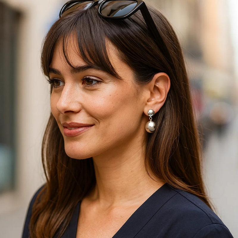 Sterling Silver Rhodium Plated Puffed Round Double Button Drop Earrings