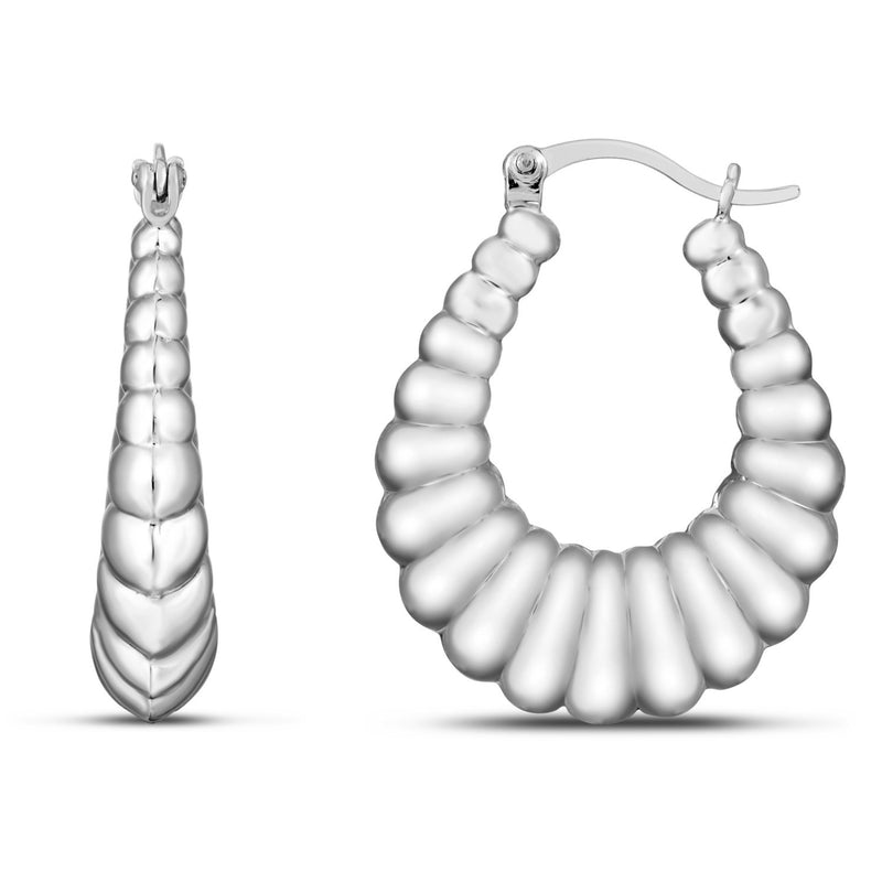 Sterling Silver Rhodium Plated Graduated Ribbed Hoop Earrings