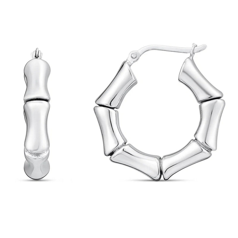 Sterling Silver Rhodium Plated Bold Bamboo Hoop Earrings