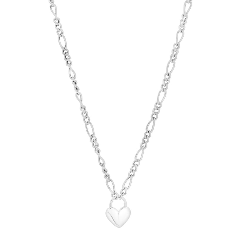 Sterling Silver Rhodium Plated Heart Padlock Figaro Necklace