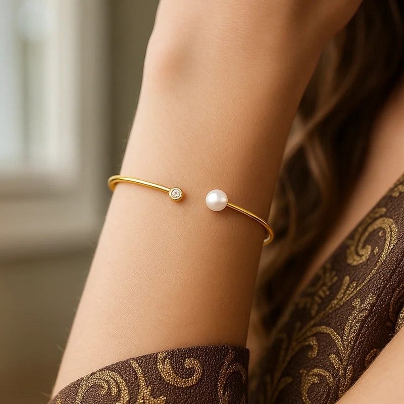14k Yellow Gold Cuff Bangle with Pearl and Diamond (3.00 mm)