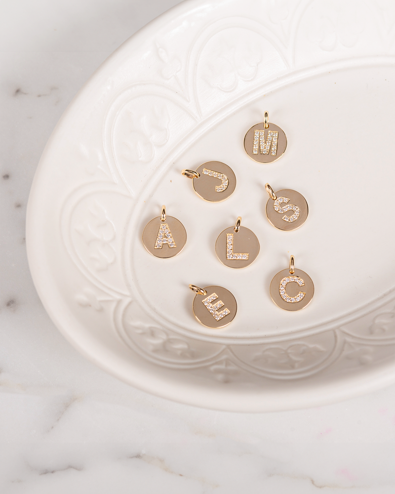 14k Gold Diamond Initial Small Disc Necklace