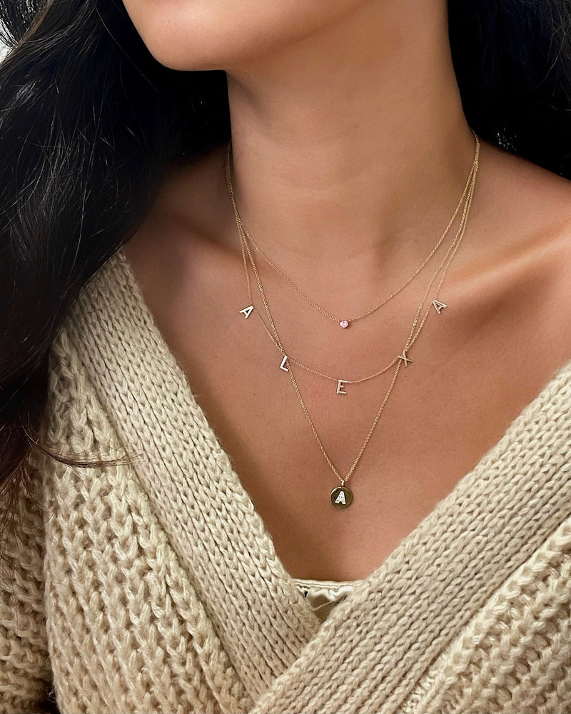 14k Gold Diamond Initial Small Disc Necklace